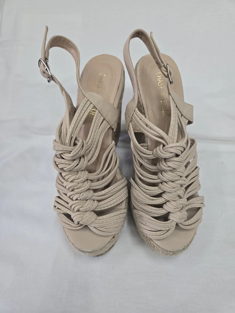 Chase + Chloe Beige Braided Cork Platform Wedge Sandals